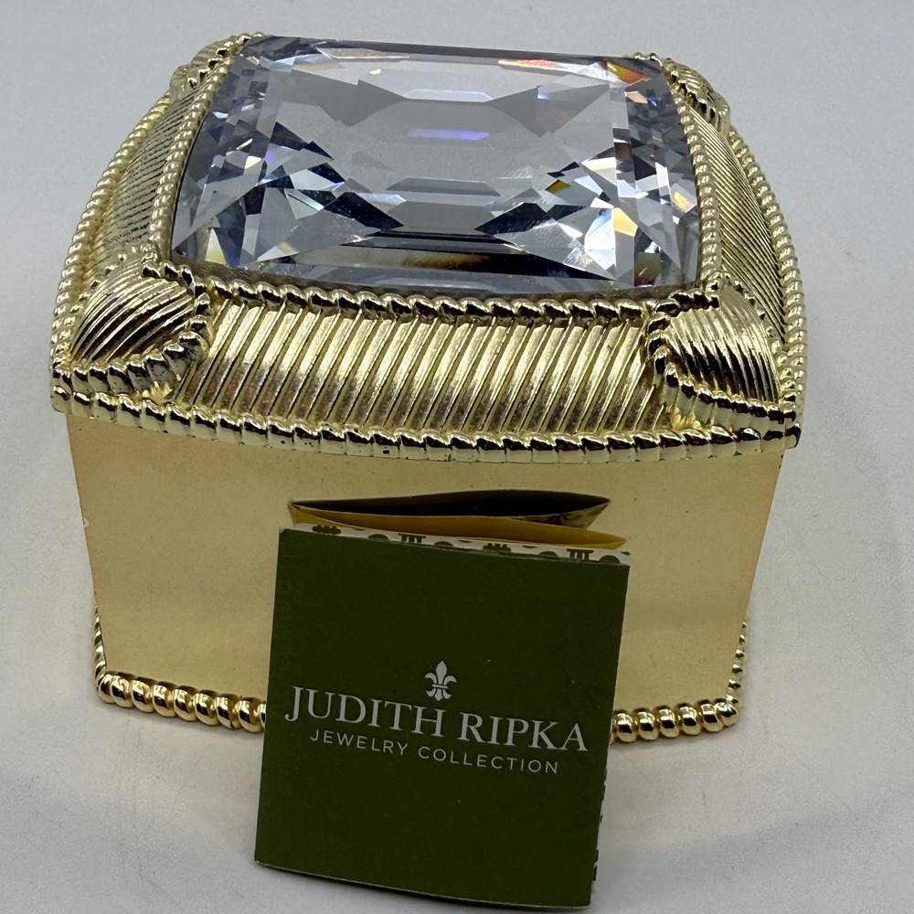 Judith Ripka Gold Tone Trinket Box Large Emerald Cut Crystal Top QVC 2014